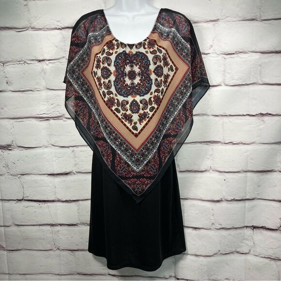 Dress Bohemian SZ XS-S Black Lightweight Scarf Overlay Mini Square Gold Pattern - Picture 1 of 6